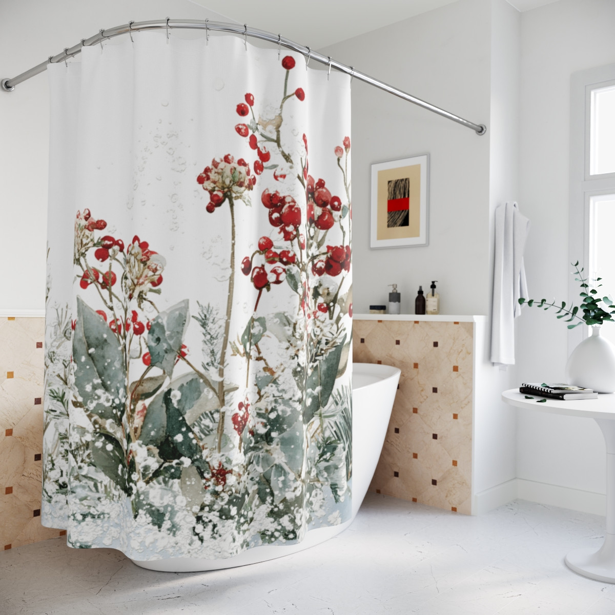 Botanical Holiday Shower Curtain - Floral Decor for Festive Bathrooms