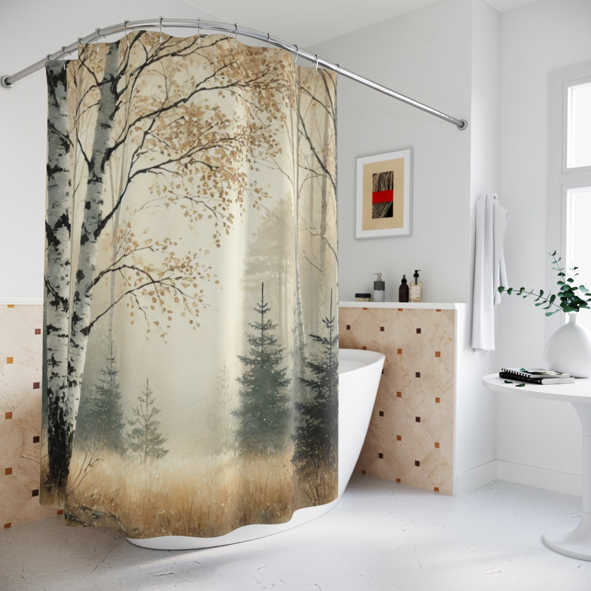 Aspen White Shower Curtain - Serene Woodland Design for Bathroom Decor