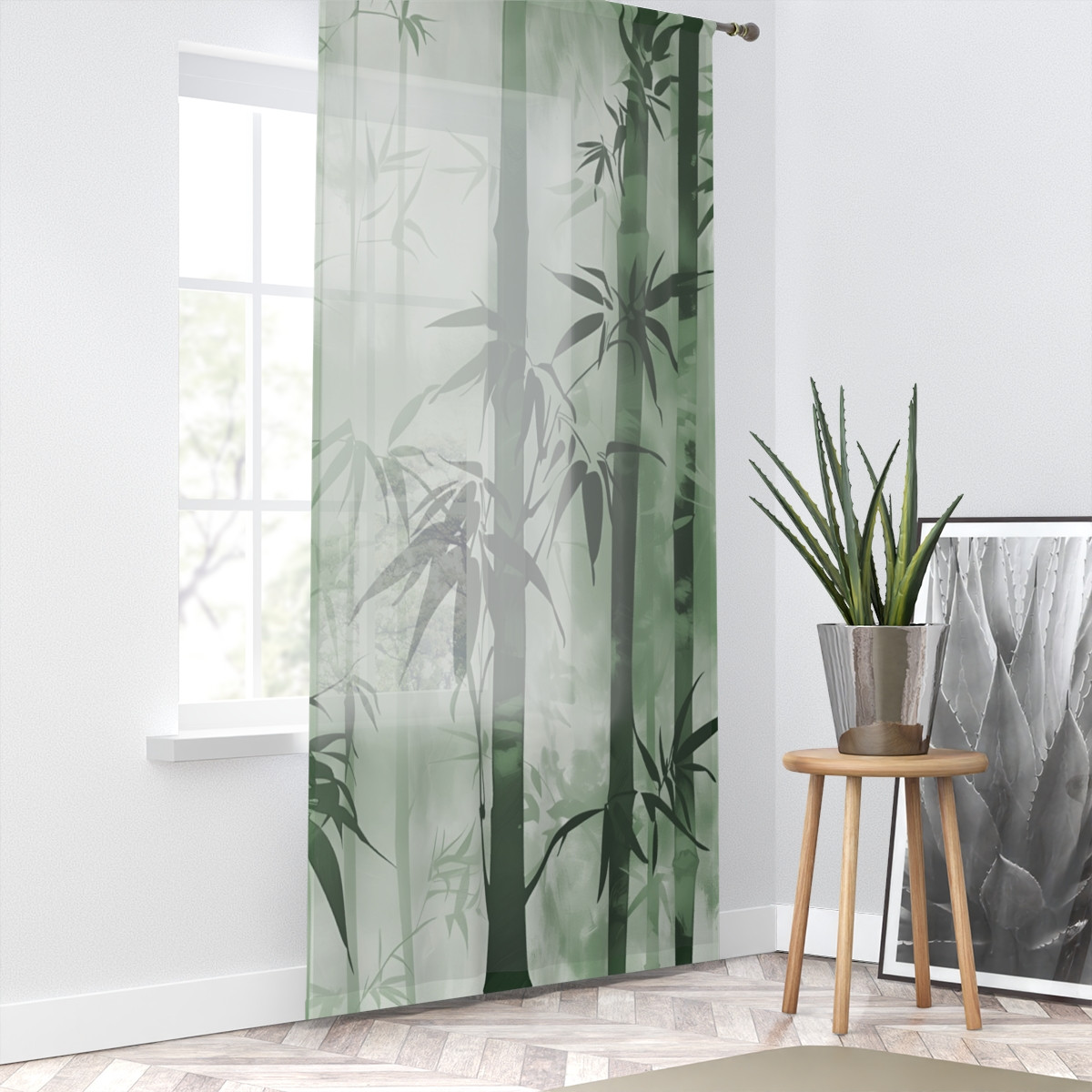 Elegant Bamboo Window Curtain - Sheer Green Botanical Drapery for a Serene Home