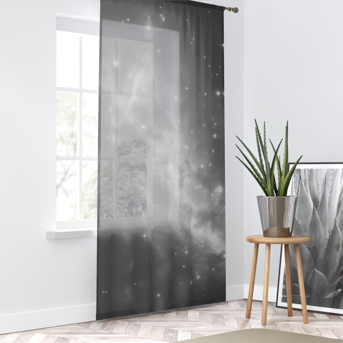 Galactic Black and White Window Curtain – Space-Themed Decor for Modern Homes