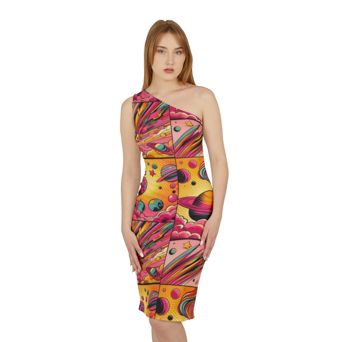 One Shoulder Comic Art Collage Dress