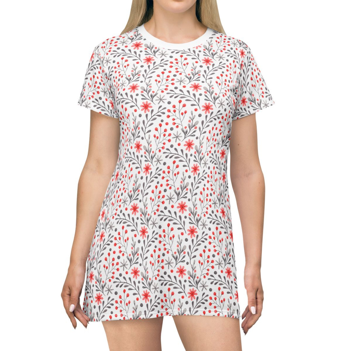 Red Flowers Design T-Shirt Dress