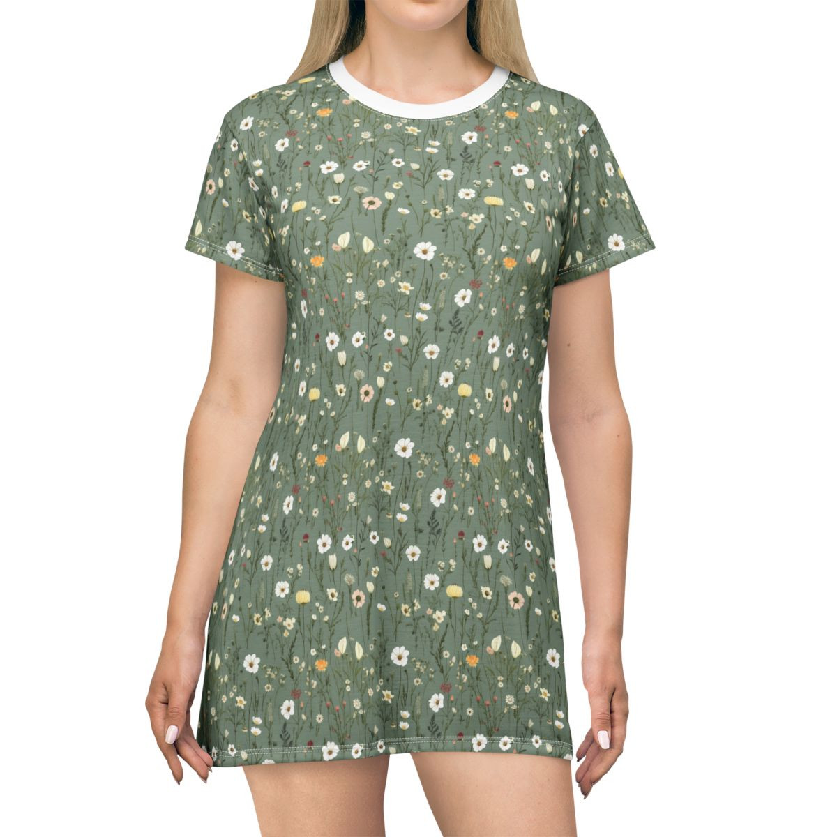 Green Floral Design T-Shirt Dress