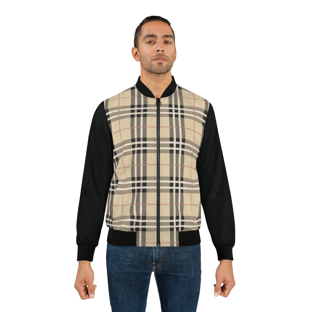 Beige Men's Plaid Bomber Jacket
