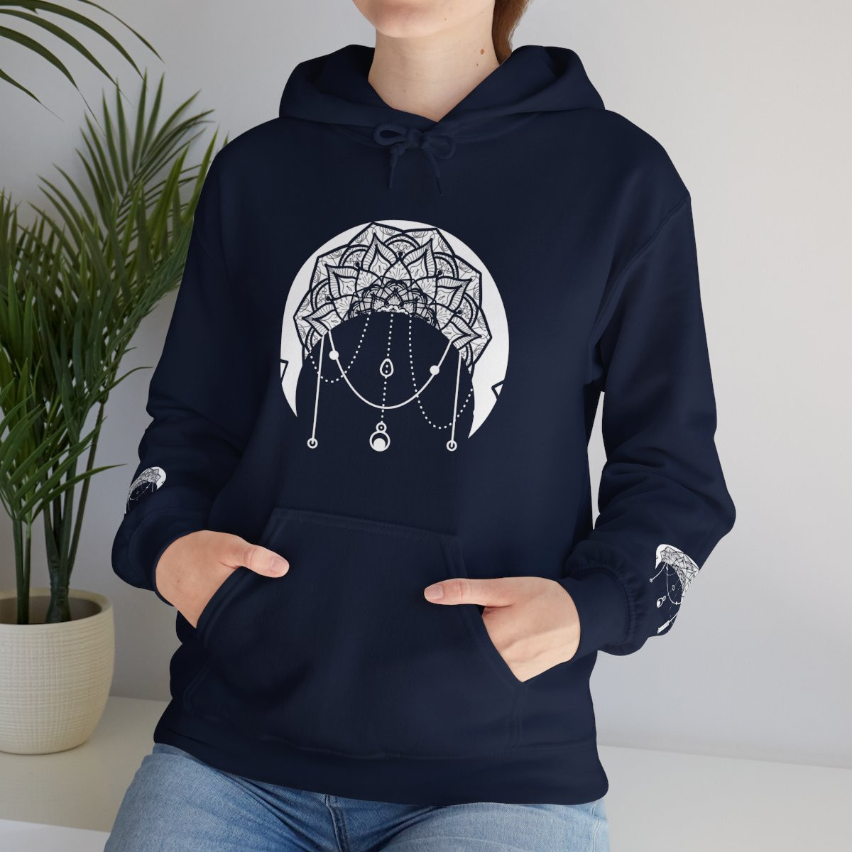 Mandala Crescent Moon Hoodie – Celestial Comfort