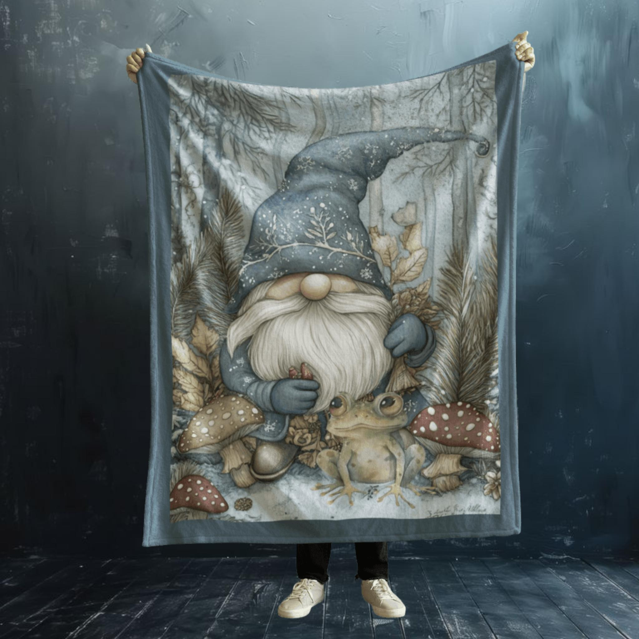 Whimsical Gnome and Frog Velveteen Plush Blanket - Cozy Home Decor for Nature Lovers