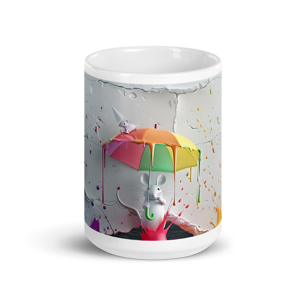 Cute Mouse Colorful Umbrella White Glossy Mug