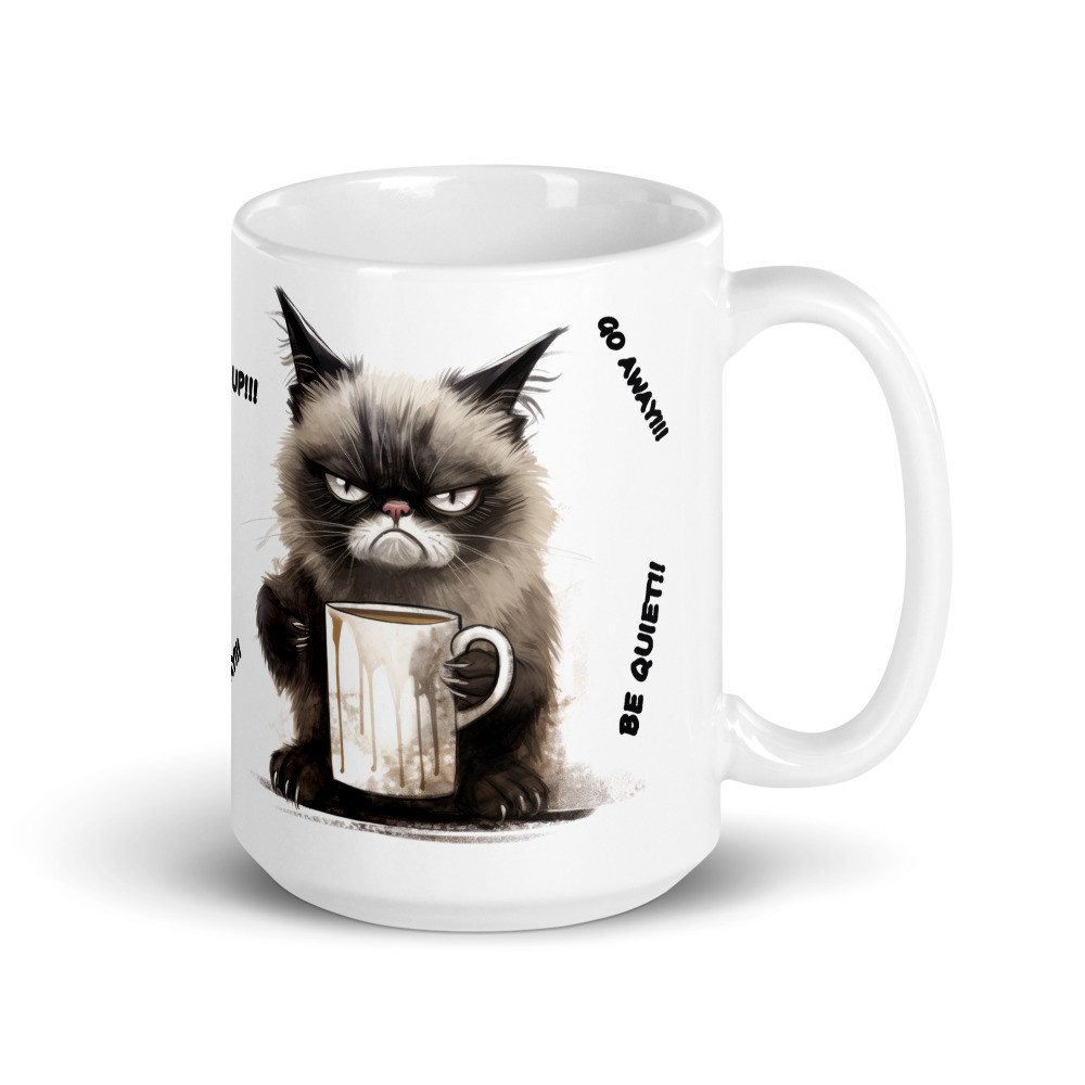 Angry Cat Black & White,  White Glossy Mug