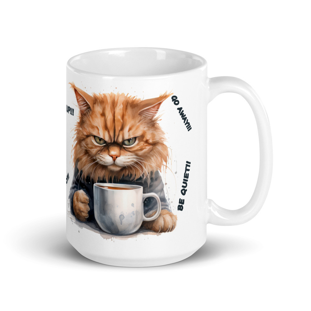 Angry Cat  Brown White Glossy Mug
