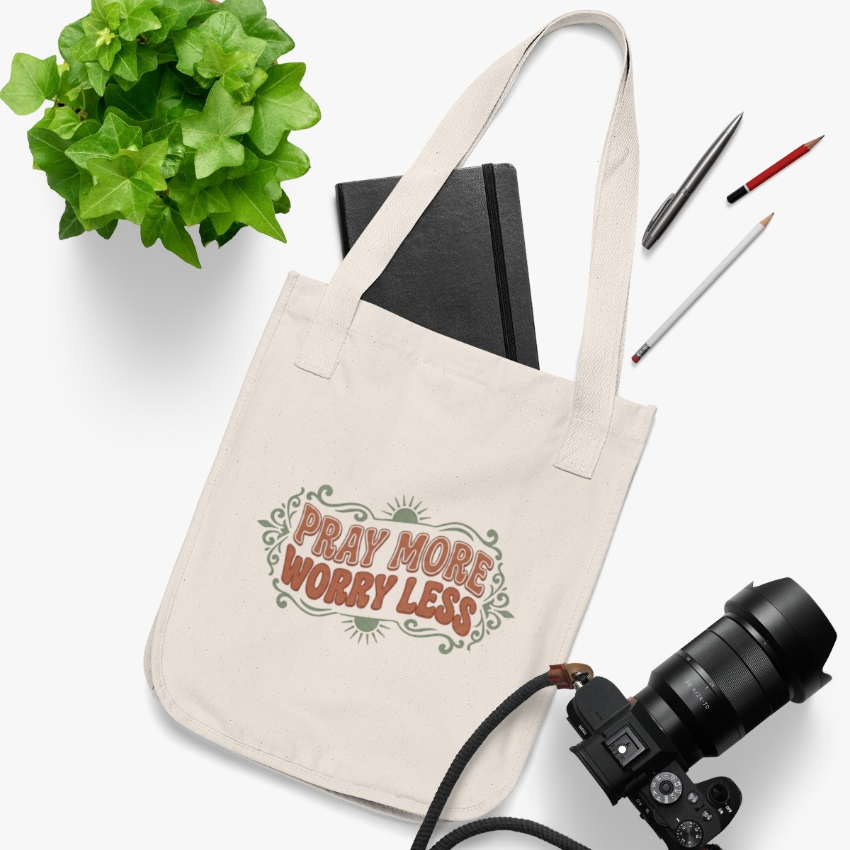 Pray More Worry Less Tote Bag | Organic Canvas, Scripture Quote