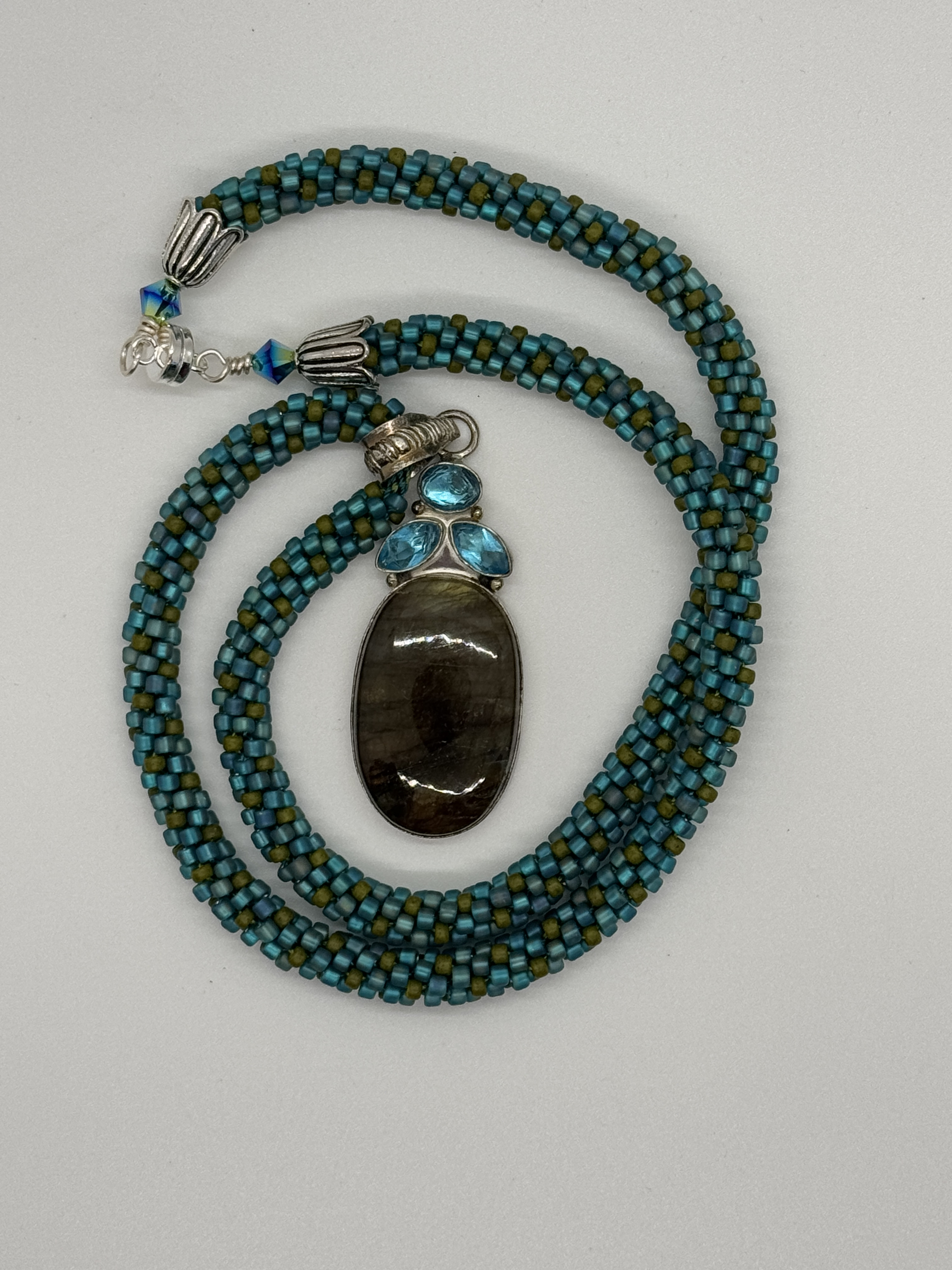 Kumihimo Rope with Labradorite and Blue Topaz Pendant