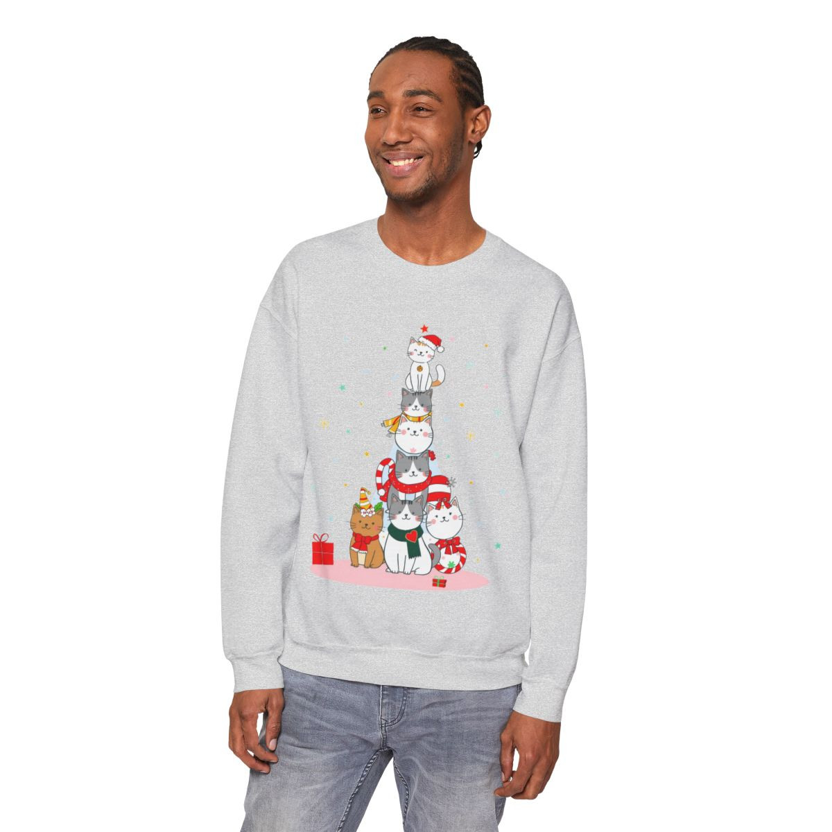 Christmas Cat Sweatshirt: Unisex Heavy Blend - Illustrated Christmas Tree Made of Cats
