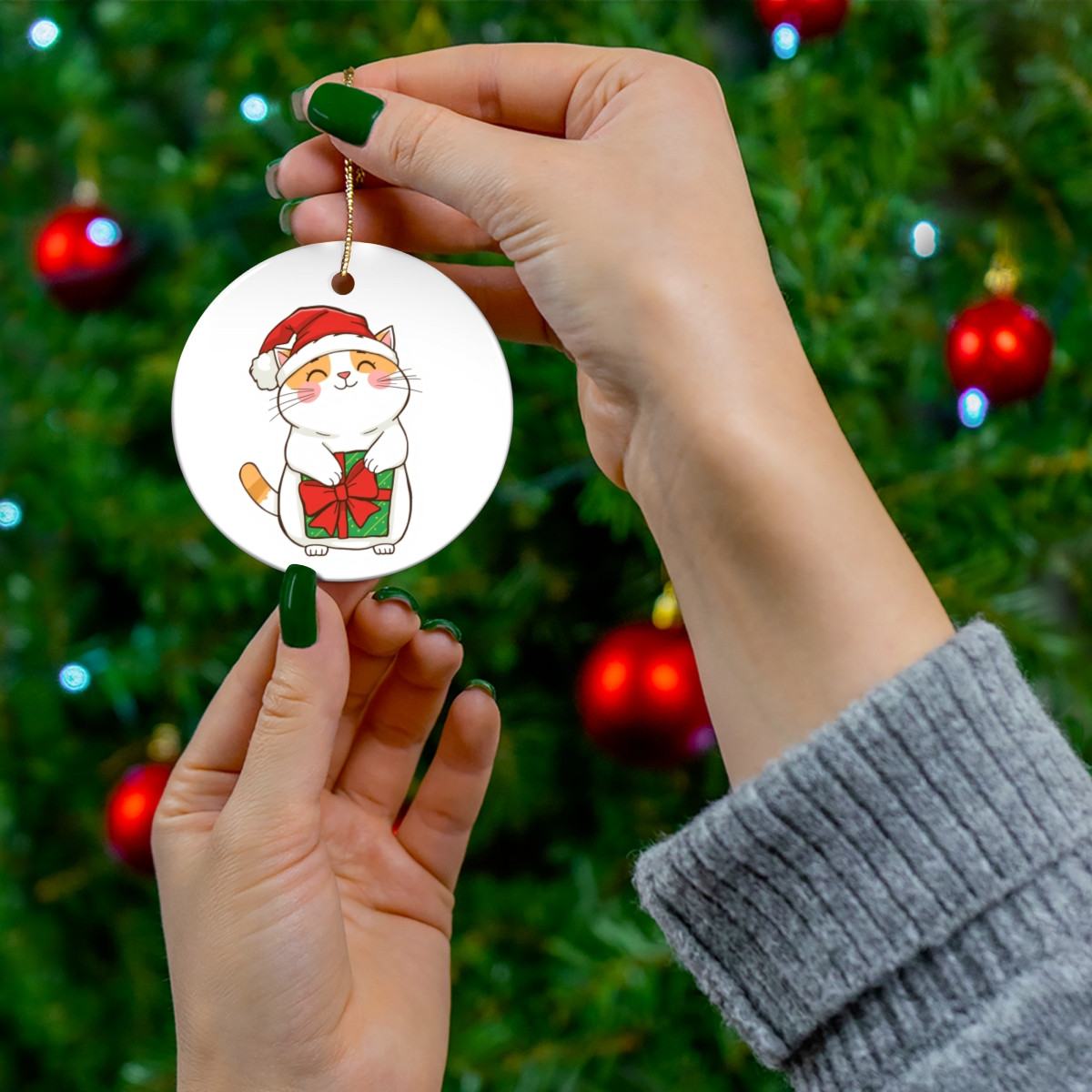 Ceramic Ornament: Cat in Santa Hat with Present