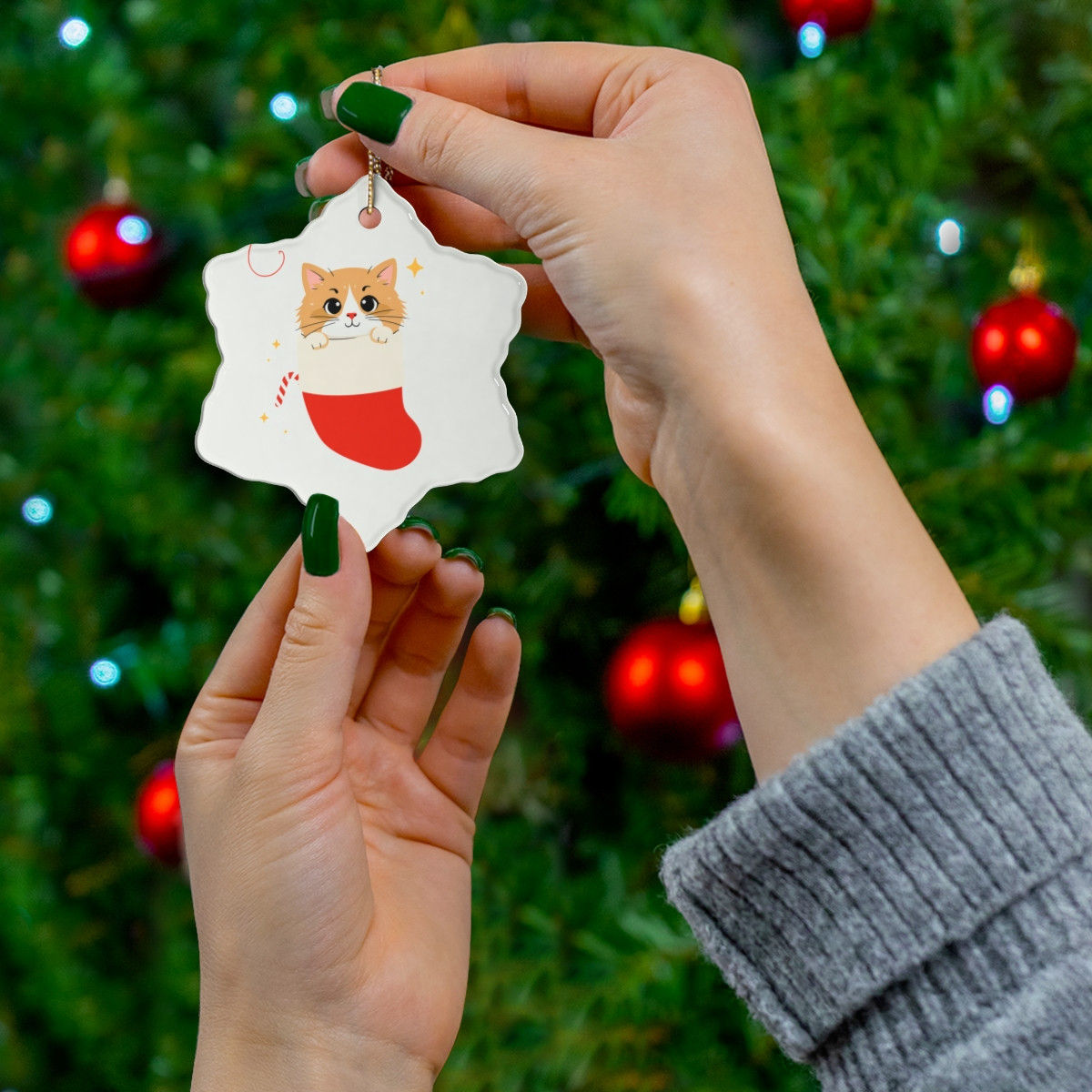 Ceramic Ornament - Cat in Christmas Stocking