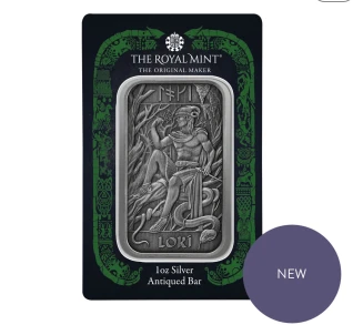 Royal Mint Loki Antique Silver 1 Oz Bar Bullion  Norse Gods 500 Mintage