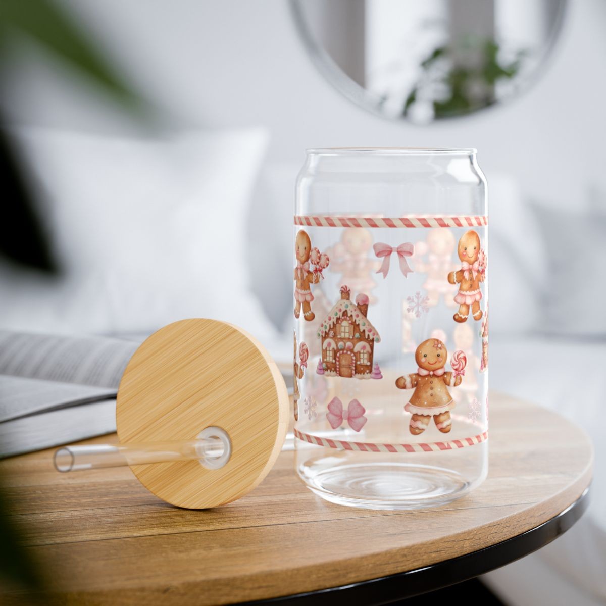 Coquette Gingerbread Glass Can Sipper with Lid and Straw