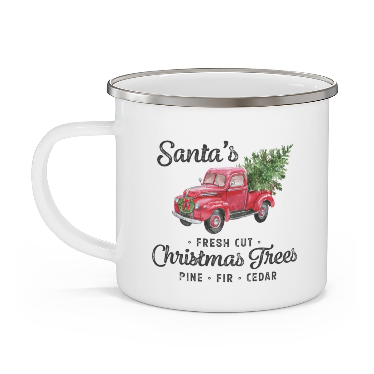 Santa's Red Truck Christmas Trees Enamel Camping Mug | Holiday Pine Fir Cedar