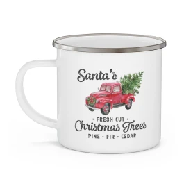 Santa's Red Truck Christmas Trees Enamel Camping Mug | Holiday Pine Fir Cedar