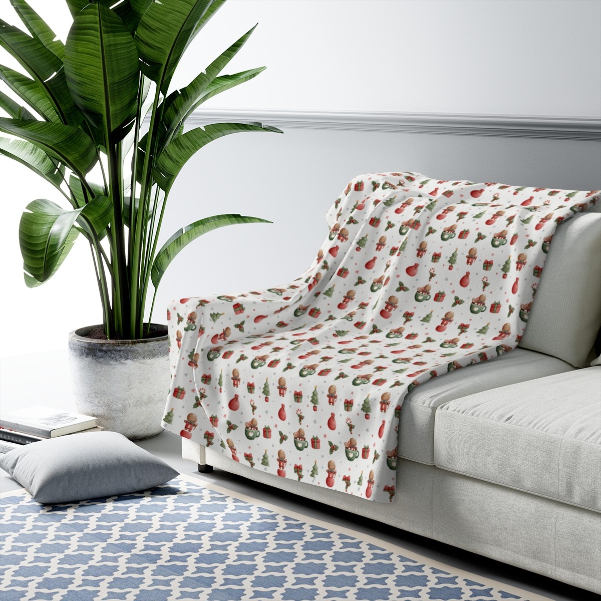 Red + Green Gingerbread Christmas Pattern Sherpa Blanket | Holiday Cozy Throw