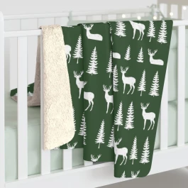White Deer and Pine Trees Sherpa Fleece Blanket | Forest Winter Cabin Throw