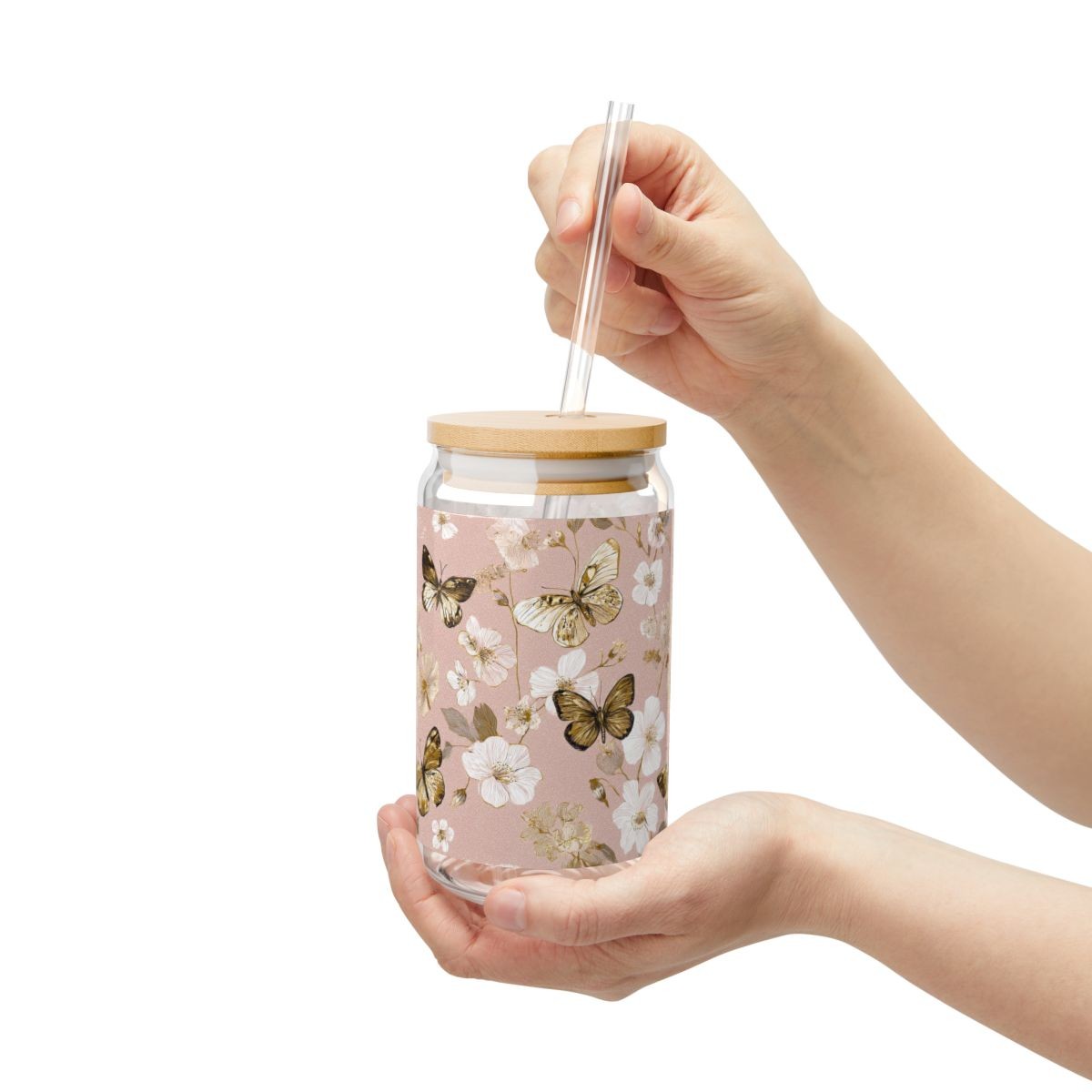 Cottagecore Blush and Gold Butterflies Floral Sipper Glass | 16oz