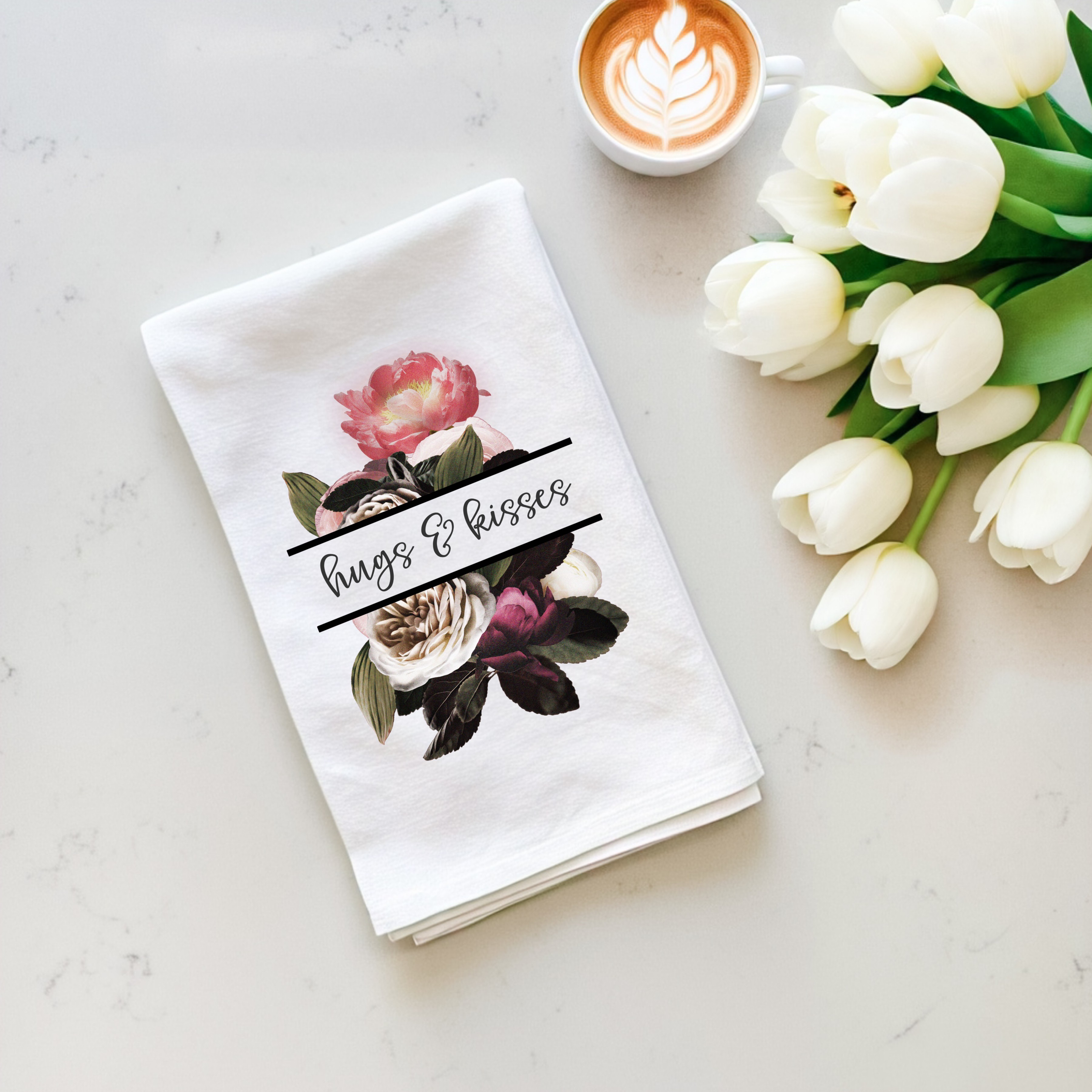 Hugs & Kisses floral print Tea Towel | vintage rose kitchen towel