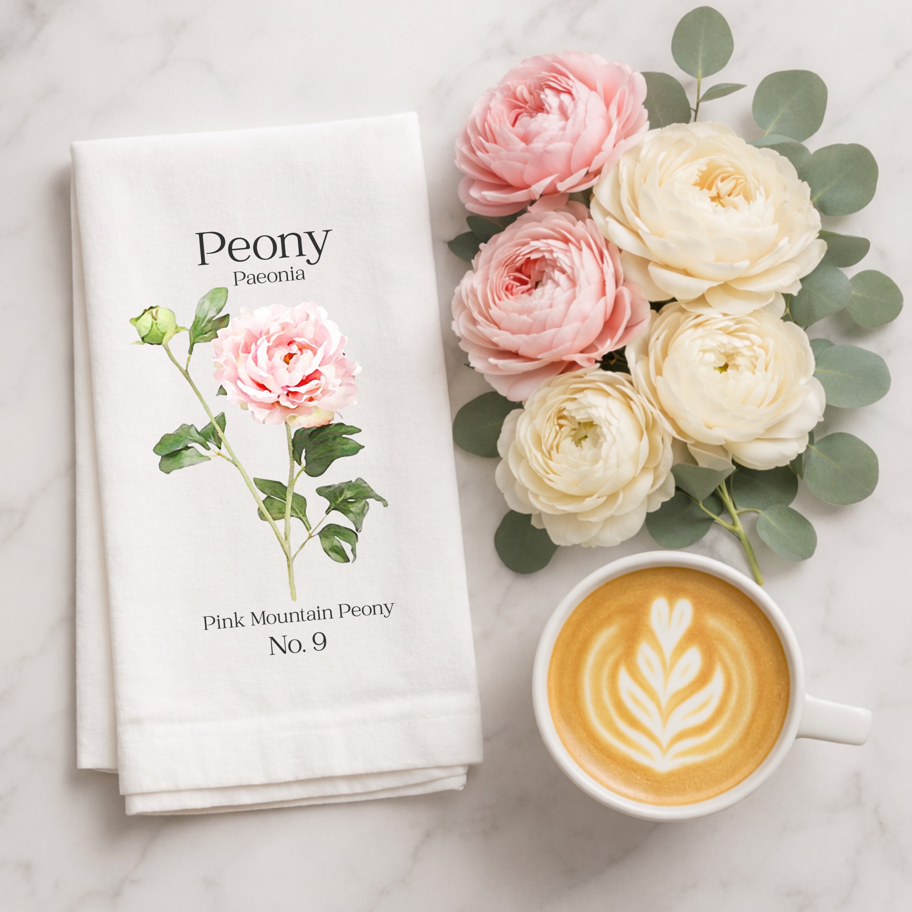 Pink Peony Floral Tea Towel | Botanical Illustration, Cottagecore Kitchen