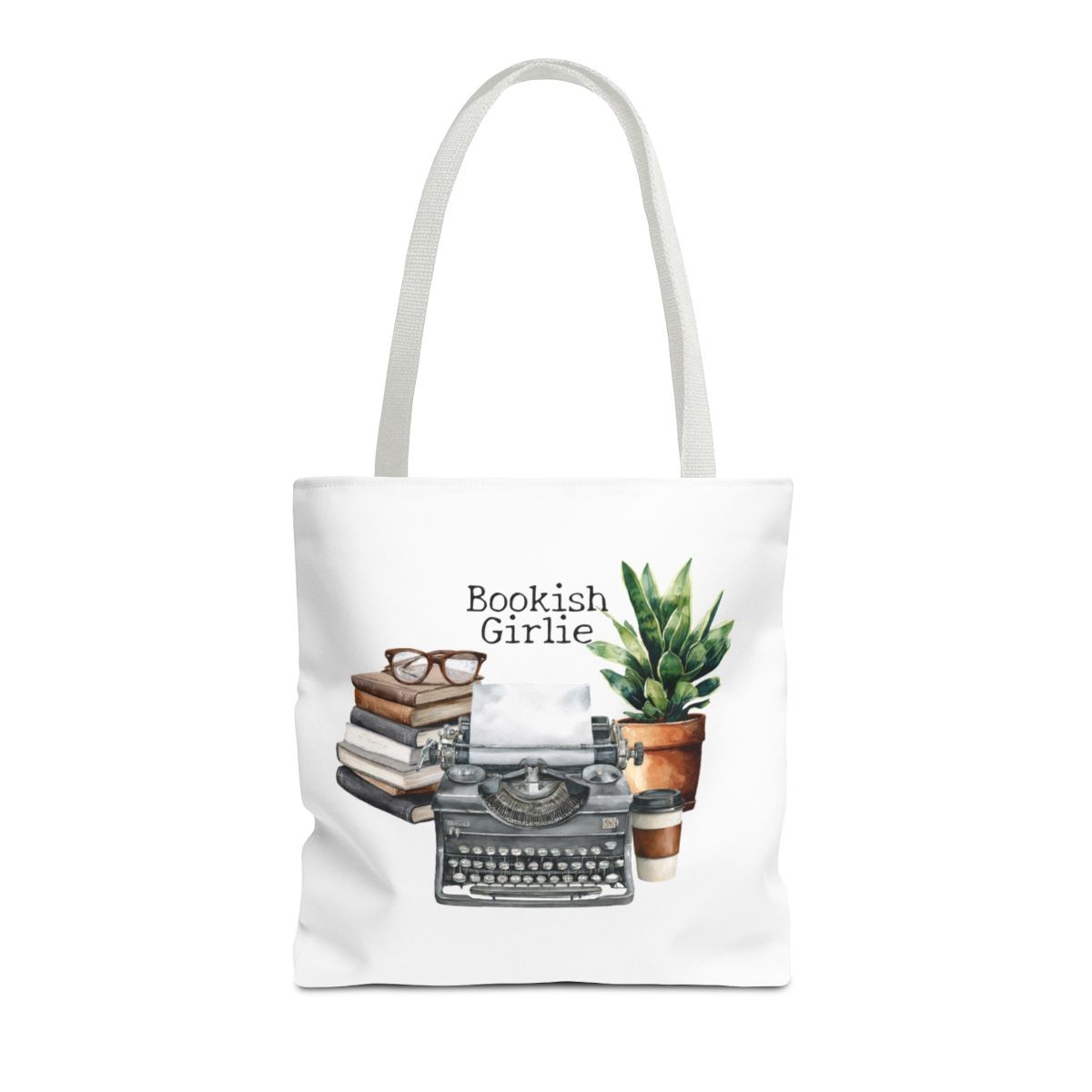 Bookish Girlie typewriter stack plant coffee illustration Tote Bag | literary print