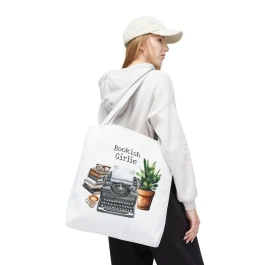 Bookish Girlie Typewriter Tote Bag | Literary Stack, Potted Plant, Coffee
