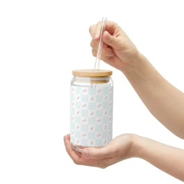 Pink Bow Coquette and Blue Checkerboard Glass Tumbler