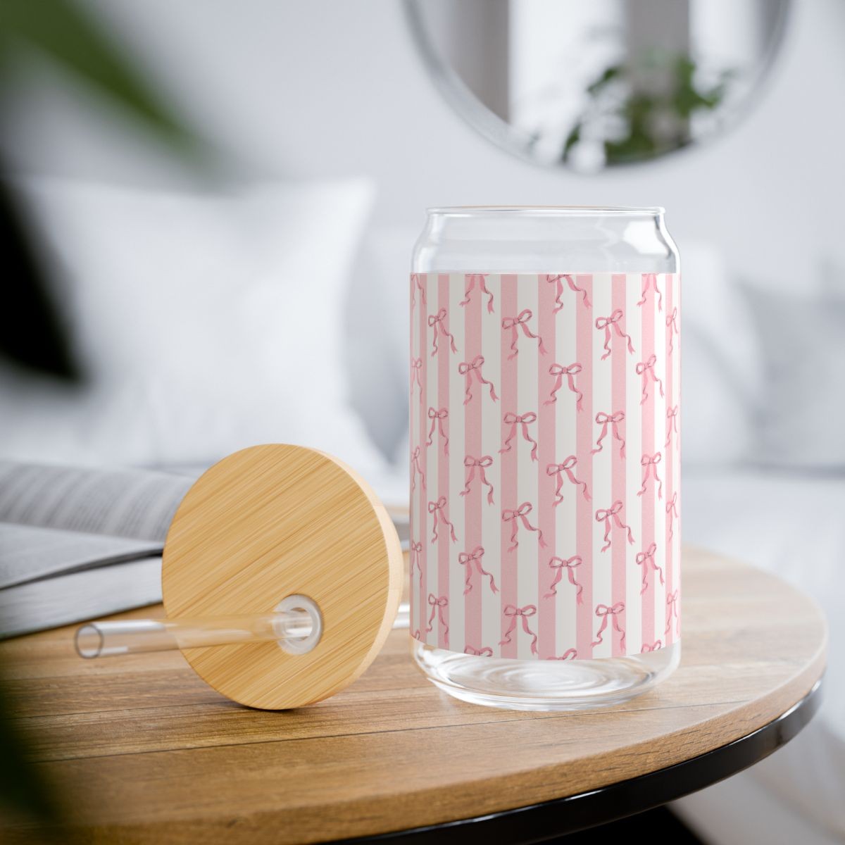 Pink Ribbon Pattern Glass Tumbler | 16oz Glass with Straw