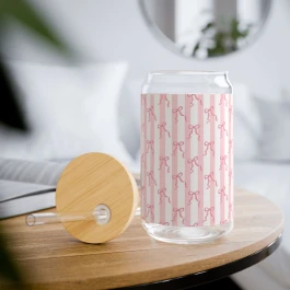 Pink Ribbon Pattern Glass Tumbler | 16oz Glass with Straw