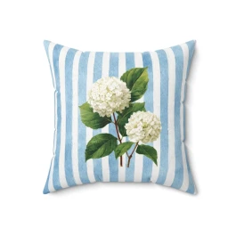 White Hydrangea Floral Spun Polyester Pillow | Blue Striped Throw Pillow