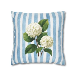 White Hydrangea on Blue Stripes Pillowcase | Square Throw Pillowcase