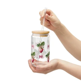 Pink Strawberry & Bow Coquette Glass Tumbler | 16oz