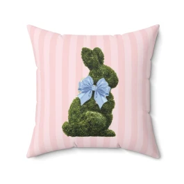 Green Moss Bunny with Blue Bow Pillow | Pink Ticking Stripes Square Pillow