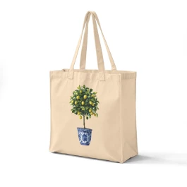 Lemon Topiary Illustration Canvas Grocery Tote | Botanical Citrus Market Bag