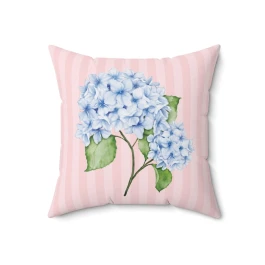 Blue Hydrangea on Pink & Blush Stripes Pillow