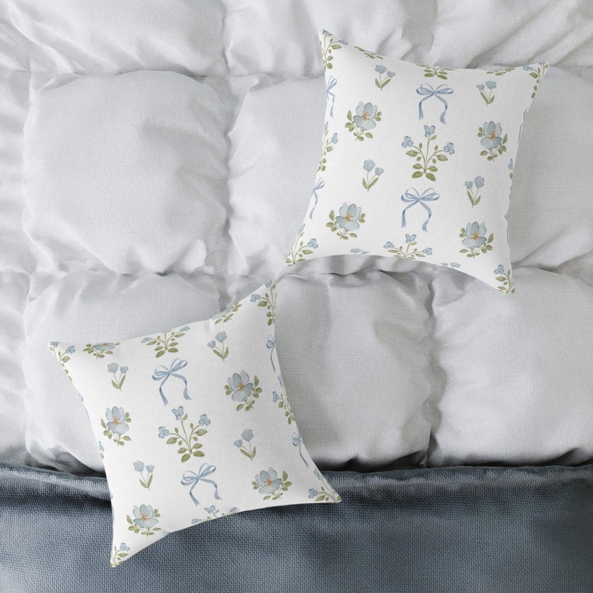 Blue Floral Ribbon Pattern Pillow | Square Canvas Pillow