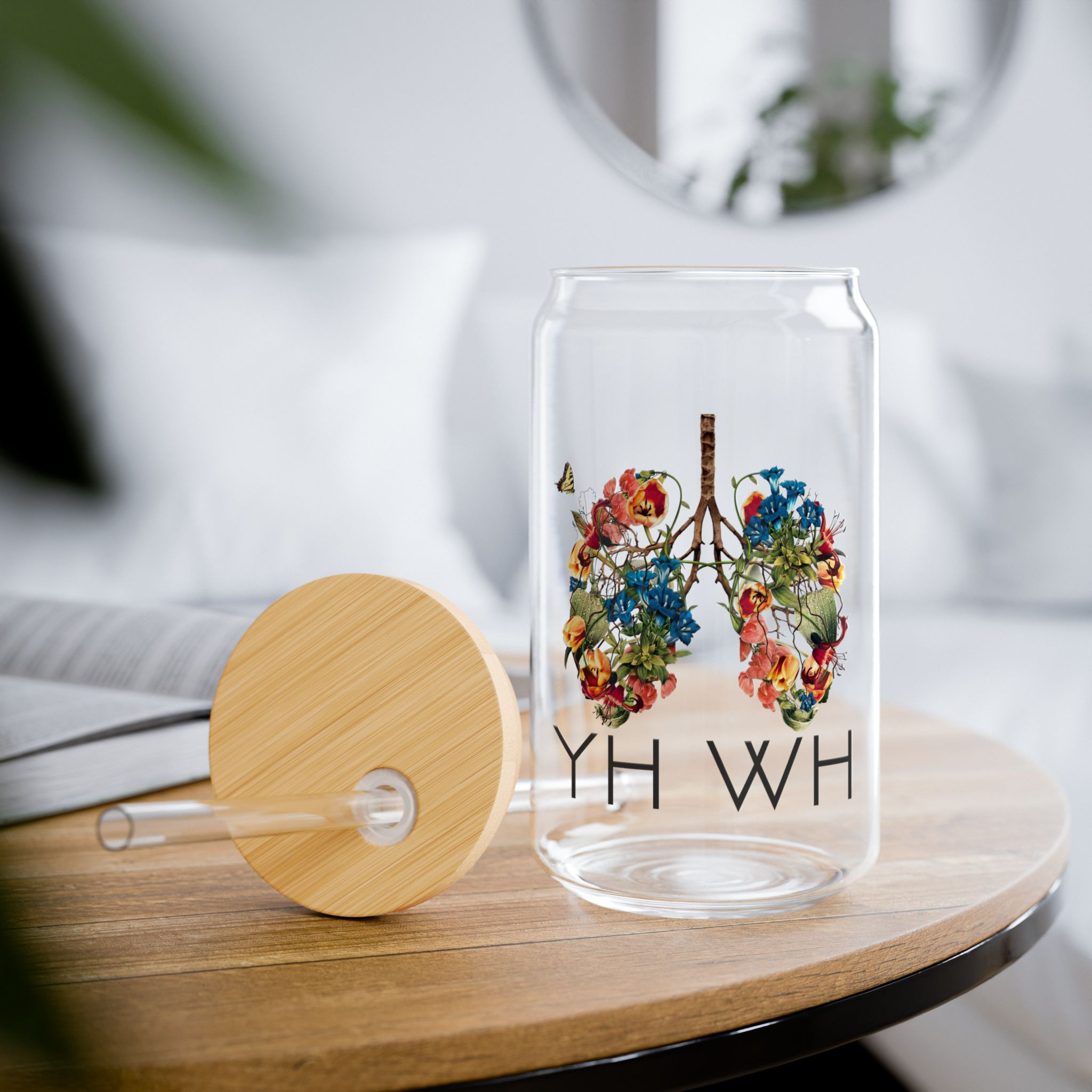 YHWH Breath of Life Botanical Lungs 16 oz. Glass Sipper w/ Lid and Straw