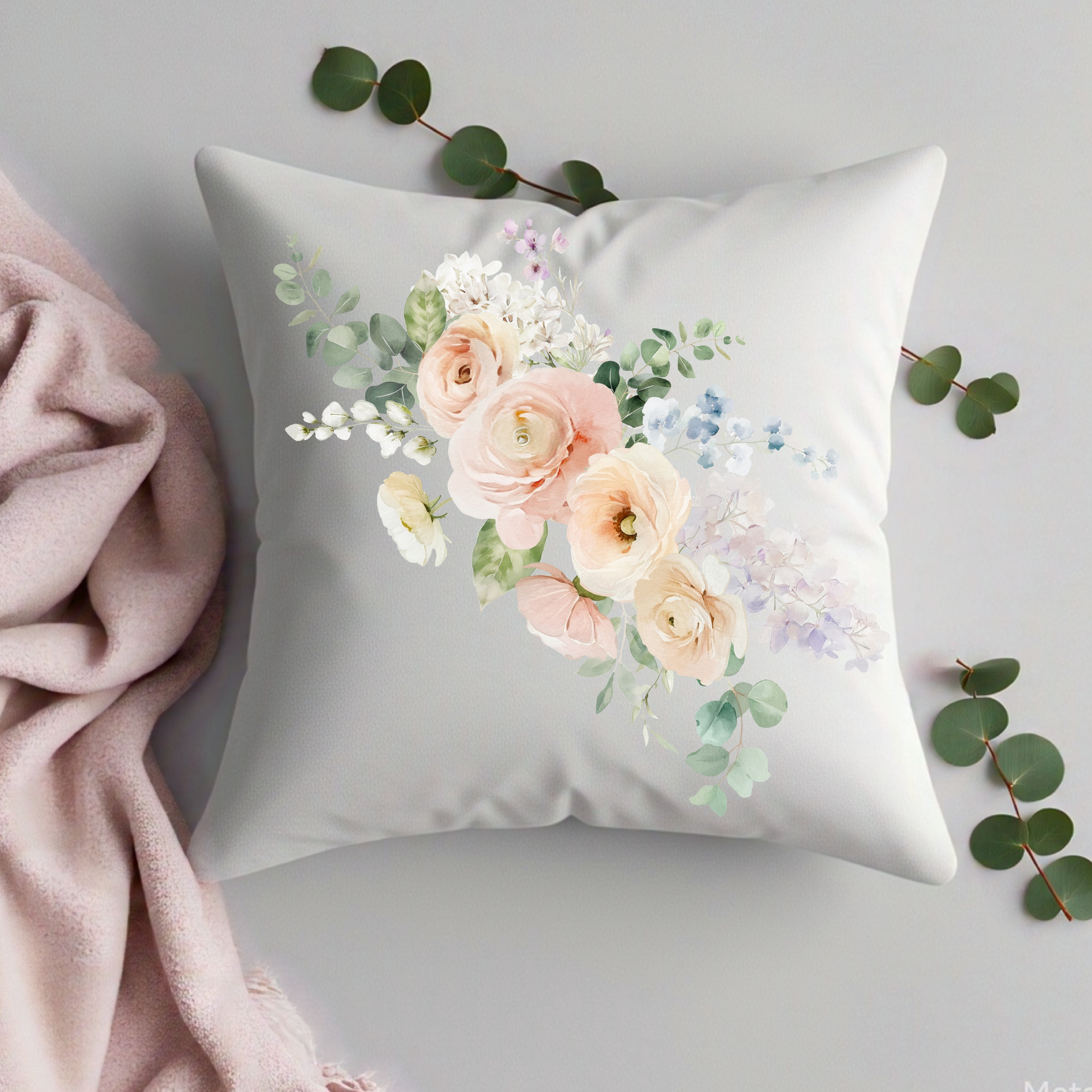 Floral and Eucalyptus Spring Square Throw Pillow Cover with Insert, 18” x 18”,  20” x 20”