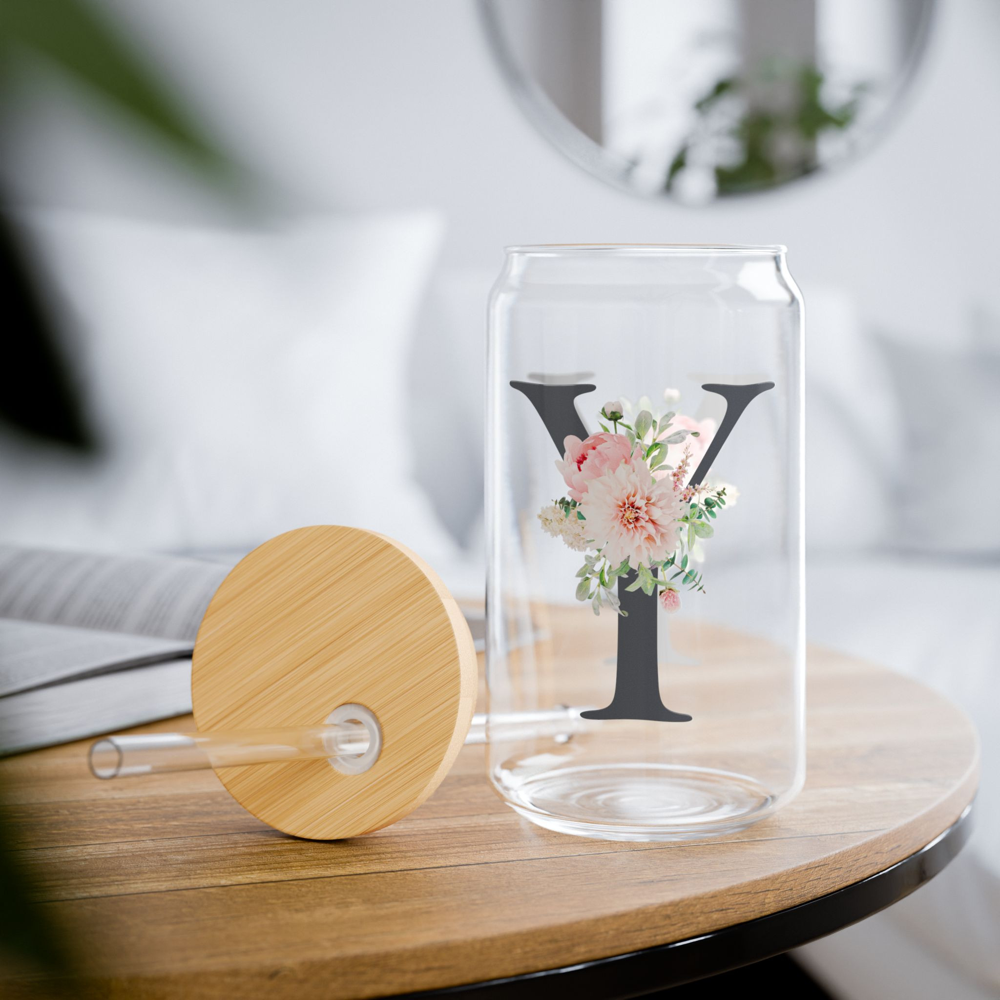 Floral Monogram Sipper Glass - 16oz Eco-Friendly Drinkware