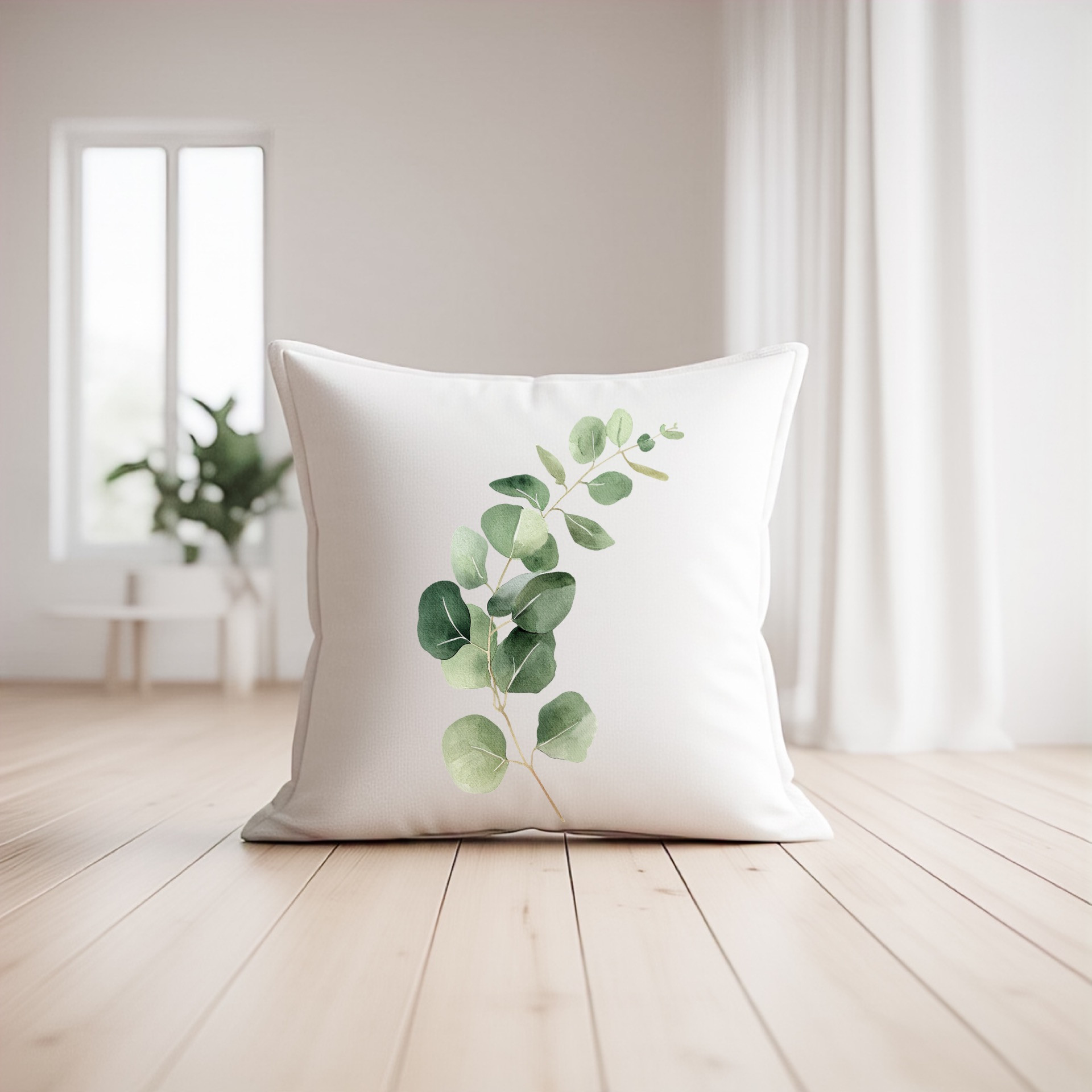 Botanical Eucalyptus Watercolor Throw Pillow Cover with Pillow Insert, 20” x 20”