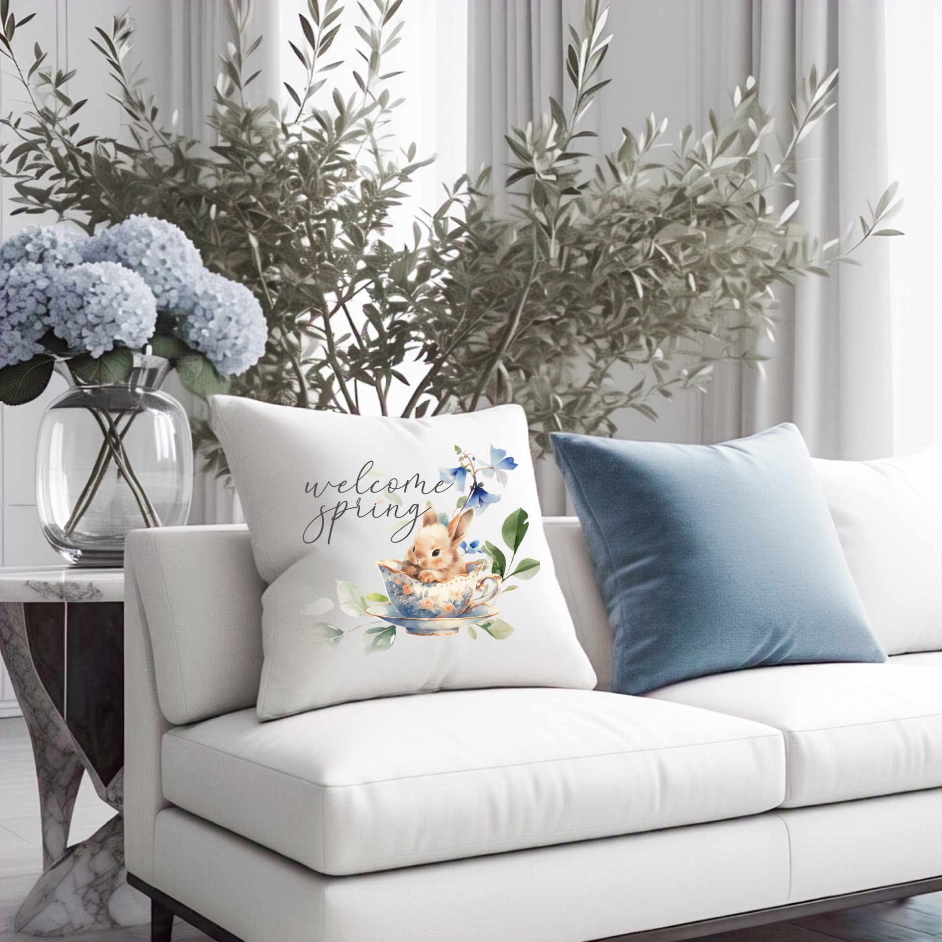 White & Blue Bunny Teacup Welcome Spring Throw Pillow, 20” x 20” with Pillow Insert