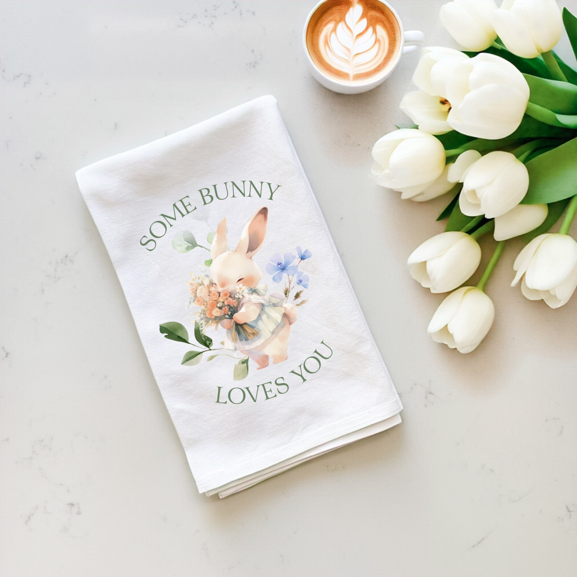 Some Bunny Loves You Tea Towel - Cute Spring Kitchen Decor for Easter and Everyday Use