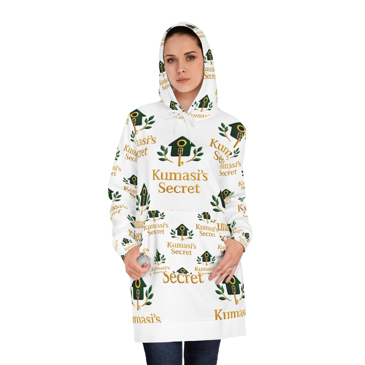 Kumasi's Secret Hoodie Dress | All-Over Print logo pattern