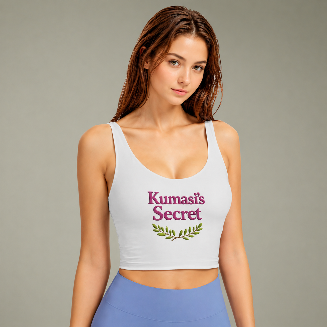 Kumasi's Secret sports bra | botanical text logo, all-over print