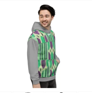 GREY HOODIE, GREEN AFRO PATTEN