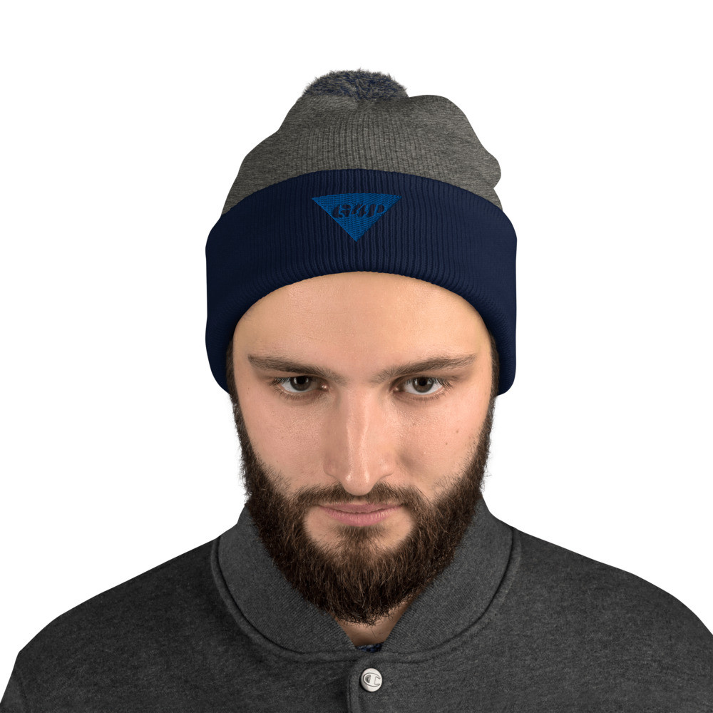 Pom-Pom Beanie in Grey, Dark Blue band, Blue Logo 