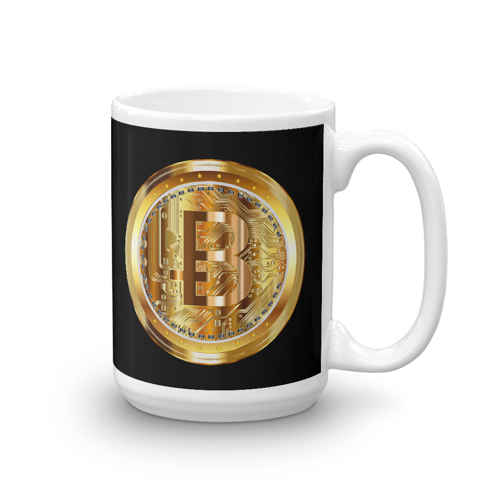 Golden Bitcoin on Black Mug